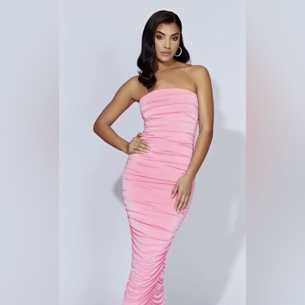 Meshki Strapless Ruched Pink Midi Dress